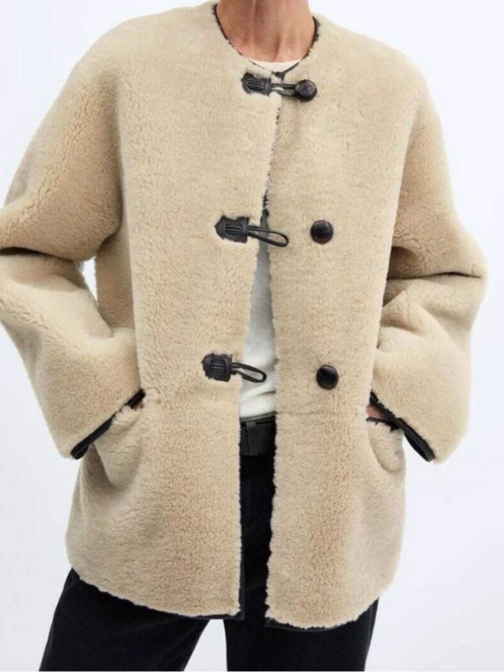 Mango XS Cozy Cream Shearling Toggle Jacket GUC